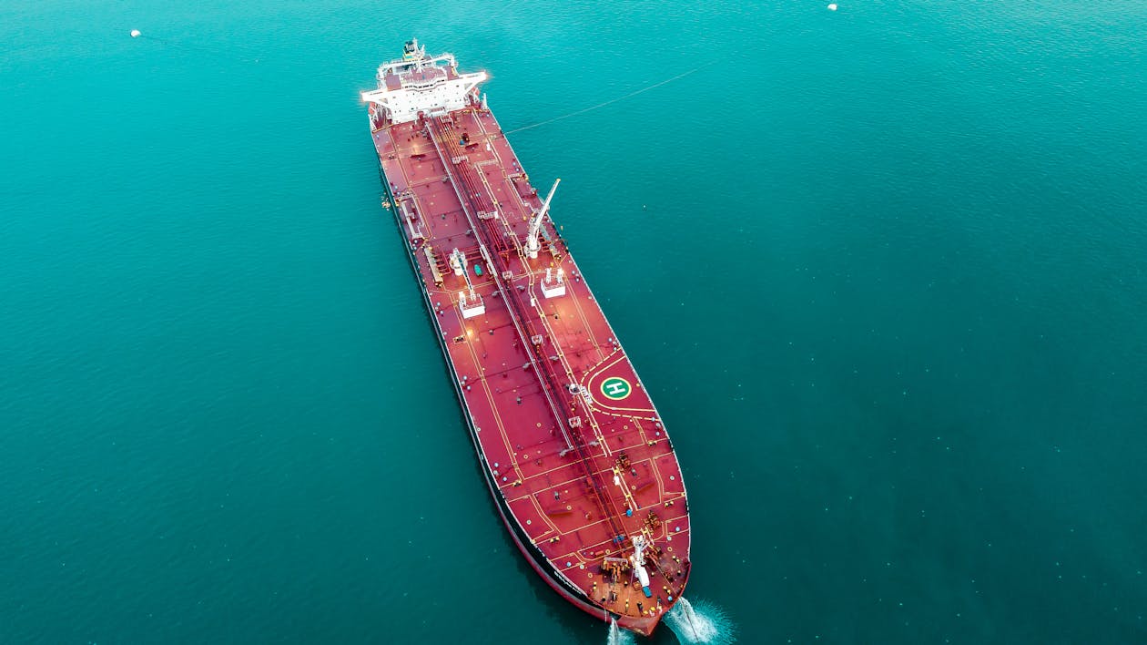 Aerial view of oil tanker navigating open ocean